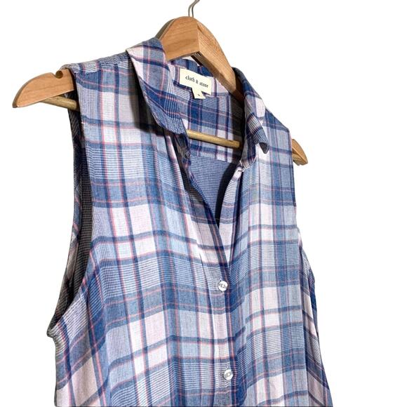 Cloth & Stone Plaid Sleeveless Button Down Collared Mini Shirt Dress Blue Small - Picture 3 of 8